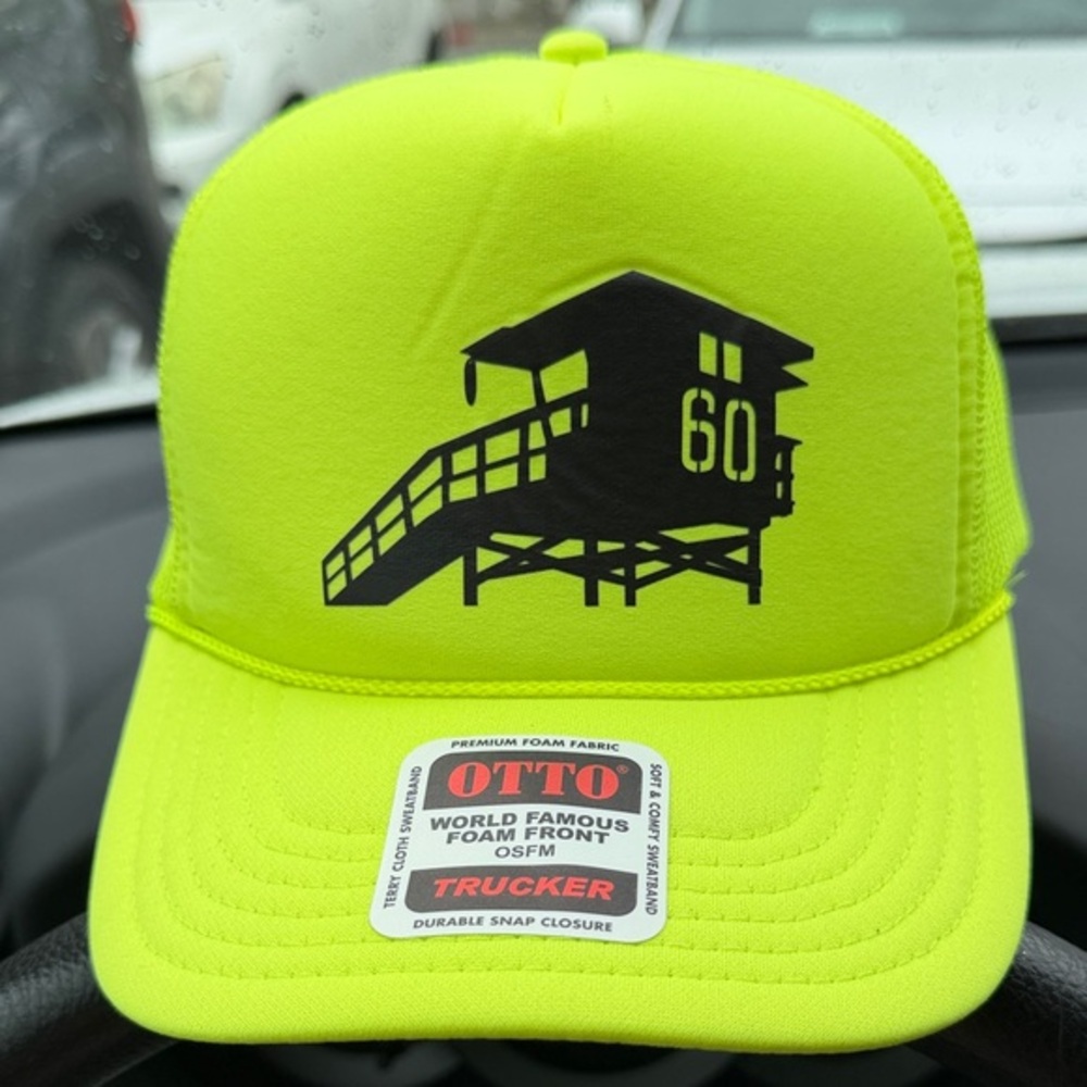 Unisex OTTO Neon Yellow Trucker Hat with Black Lifeguard Tower Graphic